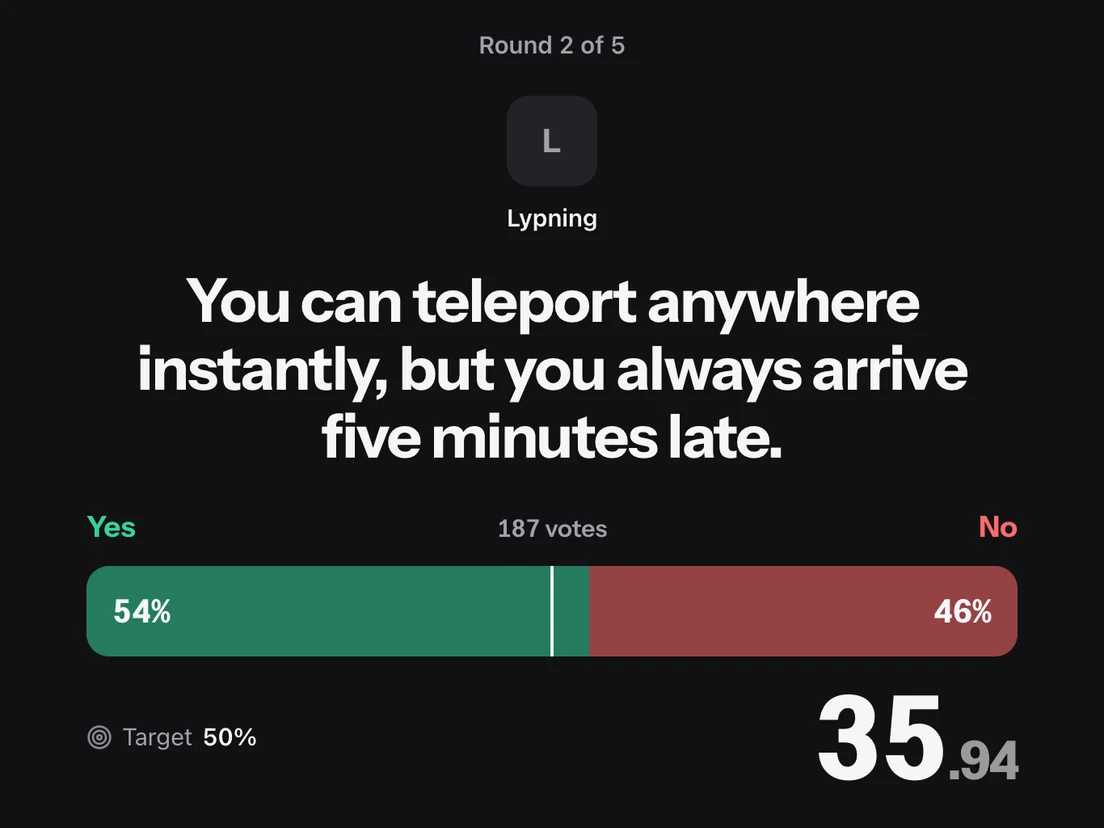 Écran de stream de Dilemmmh : un dilemme, la répartition des votes oui et non du chat, la cible et le compte à rebours.